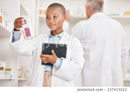 Healthcare, pharmacist and black woman with a tablet, pill box and research on medication. Medical treatment, pharmaceutical and African person with technology, inventory and checking prescription Healthcare, pharmacist and black woman with a tablet, pill box and research on medication. Medical treatment, pharmaceutical and African person with technology, inventory and checking prescription 137415022