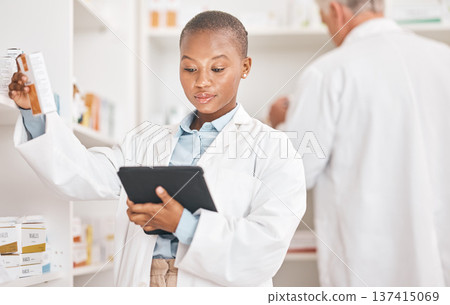 Inventory, pharmacy and black woman with a tablet, connection and research on medication or pill box for treatment. Healthcare, pharmaceutical and African person with technology or check prescription Inventory, pharmacy and black woman with a tablet, connection and research on medication or pill box for treatment. Healthcare, pharmaceutical and African person with technology or check prescription 137415069