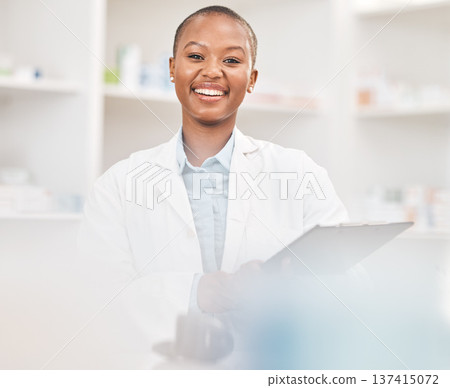 Checklist, smile and portrait of a woman pharmacist working in chemist for medication dispensary. Happy, clipboard and African female pharmaceutical worker in medicine pharmacy for healthcare career. Checklist, smile and portrait of a woman pharmacist working in chemist for medication dispensary. Happy, clipboard and African female pharmaceutical worker in medicine pharmacy for healthcare career. 137415072