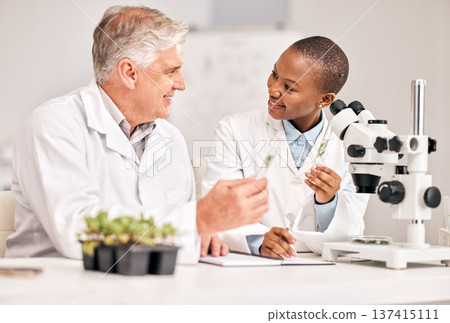 Science, microscope and sample with a research team in the laboratory for biochemistry or sustainability. Medical, agriculture or growth with a man and woman scientist in a lab for innovation Science, microscope and sample with a research team in the laboratory for biochemistry or sustainability. Medical, agriculture or growth with a man and woman scientist in a lab for innovation 137415111