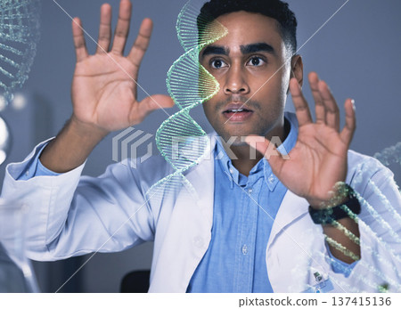 Scientist man, dna hologram and lab analysis with thinking, study and data for health, medical research or ideas. Biology, laboratory and 3D holographic overlay for science, info or vision for sample Scientist man, dna hologram and lab analysis with thinking, study and data for health, medical research or ideas. Biology, laboratory and 3D holographic overlay for science, info or vision for sample 137415136