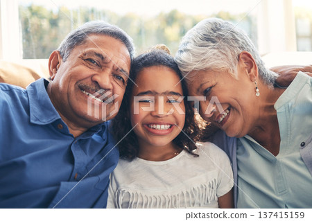 Grandparents, portrait and child smile in home living room on sofa, bonding and having fun together. Face, grandma and grandfather with kid in lounge to relax with love, care and family connection Grandparents, portrait and child smile in home living room on sofa, bonding and having fun together. Face, grandma and grandfather with kid in lounge to relax with love, care and family connection 137415159