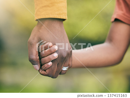 Park, holding hands and family child, parent and walk in forest, woods and relax journey for love, security and support. Closeup, unity and kid bonding, freedom and together in natural nature garden 137415163