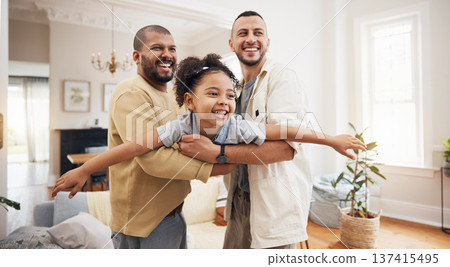 Gay parents, girl and playing as airplane in home or holding kid as a plane, lifting or flying in living room for fun bonding game. LGBT, father and dad support child together in the air or lounge 137415495