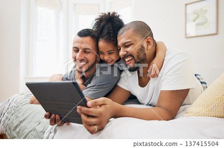 Child, gay family and tablet on bed at home for e learning, watch video and education on internet. Adoption, lgbt men or parents with happy kid and technology for streaming movies, games or funny app Child, gay family and tablet on bed at home for e learning, watch video and education on internet. Adoption, lgbt men or parents with happy kid and technology for streaming movies, games or funny app 137415504
