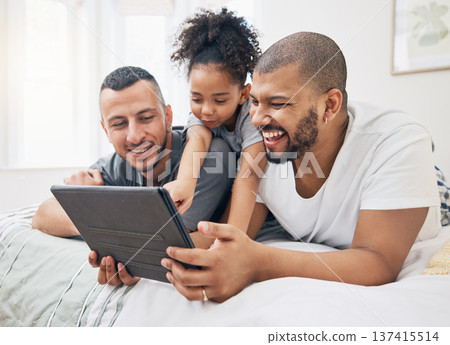 Gay family, tablet and child on a bed at home for e learning, watch video and education on internet. Adoption, lgbt men or parents with a happy kid and technology for streaming movies, games or app Gay family, tablet and child on a bed at home for e learning, watch video and education on internet. Adoption, lgbt men or parents with a happy kid and technology for streaming movies, games or app 137415514