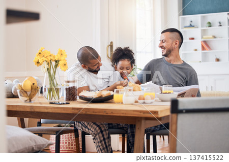 Laugh, gay men and family at breakfast together in the dining room of their modern house. Smile, happy and girl child bonding and eating a healthy meal for lunch or brunch with her lgbtq dads at home 137415522