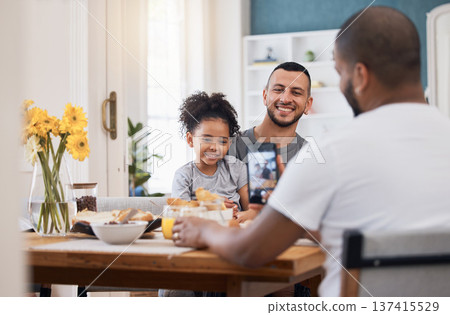 Cellphone, lunch or photo of gay couple, kid and memory picture of bonding happy family in home dining room. Smartphone, photography or child smile with bisexual, queer or non binary dad in apartment Cellphone, lunch or photo of gay couple, kid and memory picture of bonding happy family in home dining room. Smartphone, photography or child smile with bisexual, queer or non binary dad in apartment 137415529