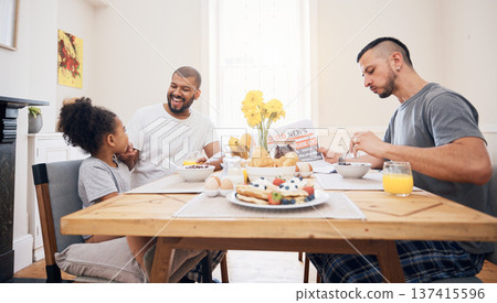 Gay couple, morning breakfast and happy family child bonding with queer dad, bisexual papa or non binary parents. LGBTQ, adoption or homosexual father smile for hungry child, girl or daughter at home Gay couple, morning breakfast and happy family child bonding with queer dad, bisexual papa or non binary parents. LGBTQ, adoption or homosexual father smile for hungry child, girl or daughter at home 137415596