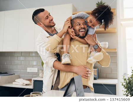 Gay parents, happy family and child in home together with love, support and bonding with girl on shoulders of dad in hug. LGBT, fathers and men with happiness or smile in kitchen and playing with kid Gay parents, happy family and child in home together with love, support and bonding with girl on shoulders of dad in hug. LGBT, fathers and men with happiness or smile in kitchen and playing with kid 137415609