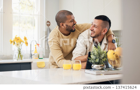 Lgbtq, gay and couple hug in kitchen for bonding, happiness and relax together at home. Love, dating and men embrace, laughing and happy in apartment for funny conversation, talking and affection 137415624