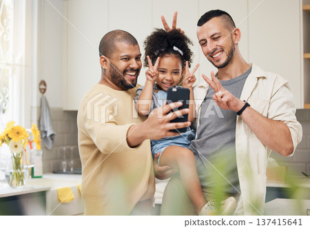 Selfie, blended family and a happy girl with her gay parents in the kitchen together for a profile picture. Adoption photograph, smile or love and a playful daughter with her lgbt father in the home Selfie, blended family and a happy girl with her gay parents in the kitchen together for a profile picture. Adoption photograph, smile or love and a playful daughter with her lgbt father in the home 137415641