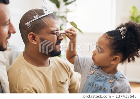 Blended family, LGBT parents and makeup with a daughter in the living room of her home for princess fantasy. Gay, love or adoption and a girl together with her father on the sofa for bonding 137415643