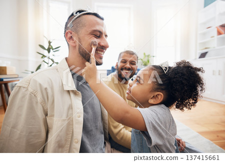 Blended family, gay parents and makeup with a girl in the living room of her home for princess fantasy. LGBT, love or adoption and a daughter together with her father on the sofa for bonding closeup Blended family, gay parents and makeup with a girl in the living room of her home for princess fantasy. LGBT, love or adoption and a daughter together with her father on the sofa for bonding closeup 137415661