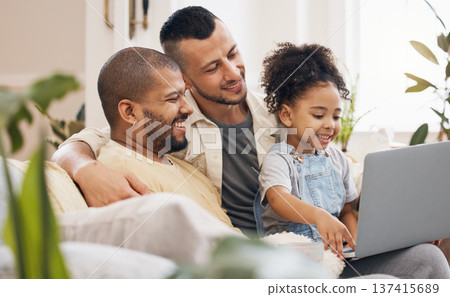 Gay, parents and girl with a laptop, home and connection with love, streaming movies and bonding in a living room. People, family or dads with female child, kid and pc for cartoon or film in a lounge Gay, parents and girl with a laptop, home and connection with love, streaming movies and bonding in a living room. People, family or dads with female child, kid and pc for cartoon or film in a lounge 137415689