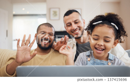 Gay family, waving and video call on laptop on home sofa with a child for communication and internet. Adoption, lgbt men or parents with a kid and technology for streaming, connection and happiness Gay family, waving and video call on laptop on home sofa with a child for communication and internet. Adoption, lgbt men or parents with a kid and technology for streaming, connection and happiness 137415696