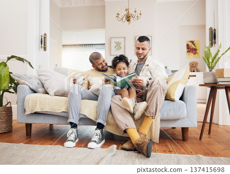 Gay parents on a couch, girl and reading book with a smile, home and education with bonding, relax and weekend break. Fathers, female child and kid with lgbtq, storytelling and fairytale in a lounge Gay parents on a couch, girl and reading book with a smile, home and education with bonding, relax and weekend break. Fathers, female child and kid with lgbtq, storytelling and fairytale in a lounge 137415698