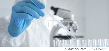 Scientific researcher wearing protective gear, carefully pipetting liquid into test tubes while conducting medical research experiment in laboratory. Medicine, healthcare and science concept 137415703