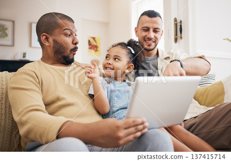 Tablet, gay family and child on home sofa for e learning, watch video and education on internet. Adoption, lgbt men or parents with a happy kid and technology for streaming movies, games or app Tablet, gay family and child on home sofa for e learning, watch video and education on internet. Adoption, lgbt men or parents with a happy kid and technology for streaming movies, games or app 137415714