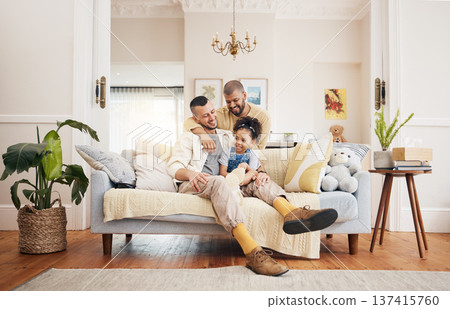 Gay, happy family and a child on a sofa at home with love, care and safety in a lounge. Lgbtq men, adoption and parents with a foster girl kid together on a couch for happiness, bonding and to relax Gay, happy family and a child on a sofa at home with love, care and safety in a lounge. Lgbtq men, adoption and parents with a foster girl kid together on a couch for happiness, bonding and to relax 137415760