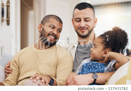 Child, gay family and happy on a sofa at home with love, care and safety in a lounge. Lgbtq men, interracial and adoption with foster girl kid together on a couch for happiness, bonding and to relax Child, gay family and happy on a sofa at home with love, care and safety in a lounge. Lgbtq men, interracial and adoption with foster girl kid together on a couch for happiness, bonding and to relax 137415762