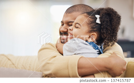 Smile, love and girl hugging her father while relaxing on a sofa in the living room together. Happy, care and child bonding, embracing and sitting with her young dad in the lounge of their home. Smile, love and girl hugging her father while relaxing on a sofa in the living room together. Happy, care and child bonding, embracing and sitting with her young dad in the lounge of their home. 137415787
