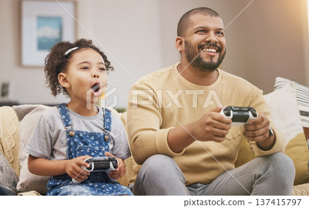 Father, girl and gaming controller on sofa with challenge, shout and wow in competition, bonding and house. Man, daughter and excited with esports, contest and strategy with thinking in family home Father, girl and gaming controller on sofa with challenge, shout and wow in competition, bonding and house. Man, daughter and excited with esports, contest and strategy with thinking in family home 137415797