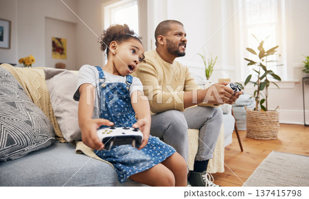 Dad, girl and video game controller on sofa with challenge, shout and wow in competition, bonding and house. Man, daughter and excited with esports, contest and funny with strategy in family home Dad, girl and video game controller on sofa with challenge, shout and wow in competition, bonding and house. Man, daughter and excited with esports, contest and funny with strategy in family home 137415798