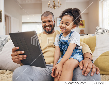 Happy, movie and a child with a father and tablet for a cartoon, film and streaming games. Smile, family and a dad with a girl kid and gesture to technology for a show or social media in a house Happy, movie and a child with a father and tablet for a cartoon, film and streaming games. Smile, family and a dad with a girl kid and gesture to technology for a show or social media in a house 137415816