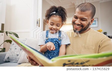 Dad, daughter and book on sofa together, bonding and love in storytelling in living room with smile. Happiness, father and child reading story on couch for fantasy, learning and education in home fun Dad, daughter and book on sofa together, bonding and love in storytelling in living room with smile. Happiness, father and child reading story on couch for fantasy, learning and education in home fun 137415829