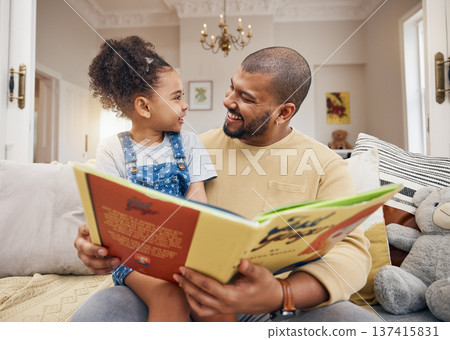 Man, child and book on sofa with smile, bonding and love in storytelling in living room together. Happiness, father and daughter reading story on couch for fantasy, learning and education in home fun 137415831