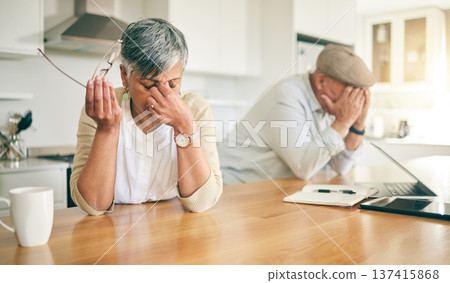 Frustrated senior couple, headache and fight in divorce, debt or financial crisis together at home. Unhappy mature man and woman in stress, anxiety or depression in finance struggle, fail or mistake Frustrated senior couple, headache and fight in divorce, debt or financial crisis together at home. Unhappy mature man and woman in stress, anxiety or depression in finance struggle, fail or mistake 137415868