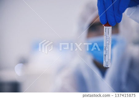 Hand, science and mockup with a blood sample in a laboratory or innovation or dna research. Healthcare, medical and space for breakthrough in a lab with a doctor holding a glass vial closeup 137415875