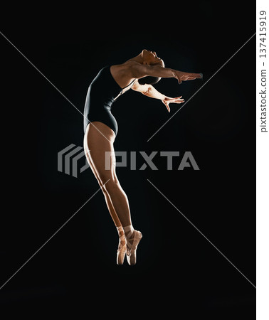 Art, ballet jumping and woman on black background in dance performance with balance, action and talent. Dark aesthetic, flexible ballerina or dancer training with fitness, creativity and studio show. Art, ballet jumping and woman on black background in dance performance with balance, action and talent. Dark aesthetic, flexible ballerina or dancer training with fitness, creativity and studio show. 137415919