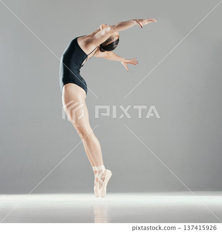 Mock up, space or girl ballet dancing for fitness, balance or creative freedom performance in studio. Energy, dancer or woman ballerina training to exercise body or practice skill on white background 137415926
