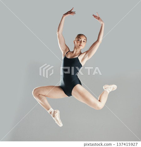 Jump, portrait or woman ballet dancing or moving on air for art or creative performance on studio mockup. Art, dancer or woman ballerina training to exercise body or practice pose on white background 137415927