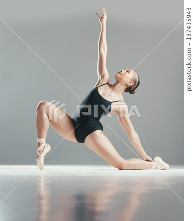 Dance performance, ballet or woman in studio training for wellness, balance or creative freedom. Body, dancer or girl ballerina stretching arms to exercise or practice routine on white background Dance performance, ballet or woman in studio training for wellness, balance or creative freedom. Body, dancer or girl ballerina stretching arms to exercise or practice routine on white background 137415943