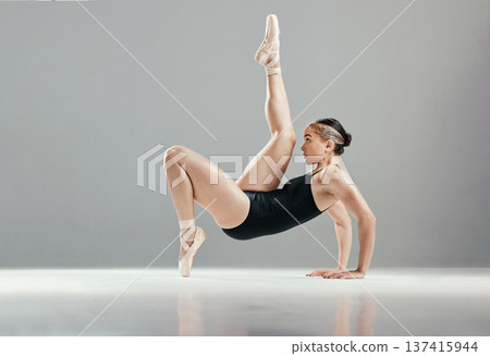 Balance, ballet mockup or woman in pose for flexibility, freedom or creative performance in studio. Space, dancer or girl ballerina training body to exercise or practice routine on white background Balance, ballet mockup or woman in pose for flexibility, freedom or creative performance in studio. Space, dancer or girl ballerina training body to exercise or practice routine on white background 137415944