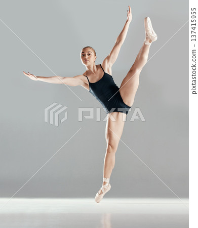 Balance, ballerina or girl in studio on mockup space for wellness, fitness or creative performance. Art, dancer or woman ballet dancing or training to exercise in practice motion on white background Balance, ballerina or girl in studio on mockup space for wellness, fitness or creative performance. Art, dancer or woman ballet dancing or training to exercise in practice motion on white background 137415955