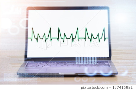 Laptop, software and screen, code and EKG, information technology with heartbeat and cybersecurity programming. Dashboard, update and tech health, safety and coding, graph and data protection overlay Laptop, software and screen, code and EKG, information technology with heartbeat and cybersecurity programming. Dashboard, update and tech health, safety and coding, graph and data protection overlay 137415981
