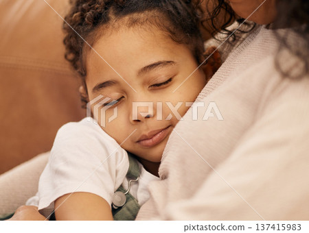 Sleeping, love and face of a girl with her mother closeup in the living room of their home together for support. Family, hug and daughter in the arms of a parent on a sofa for trust, care or security 137415983