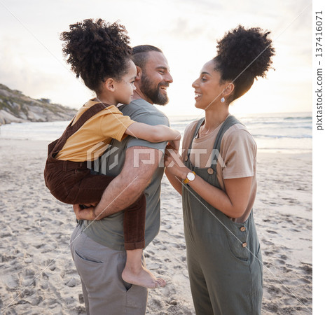Piggyback, family and smile at beach at sunset, bonding and having fun together. Happy, mother and father of kid at ocean in interracial care on summer holiday, vacation trip or travel outdoor at sea Piggyback, family and smile at beach at sunset, bonding and having fun together. Happy, mother and father of kid at ocean in interracial care on summer holiday, vacation trip or travel outdoor at sea 137416071