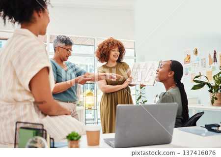 Business women, fashion design and team in discussion with collaboration for ideas. Group of people in a modern office for creativity, brainstorming and planning in meeting at a startup company 137416076