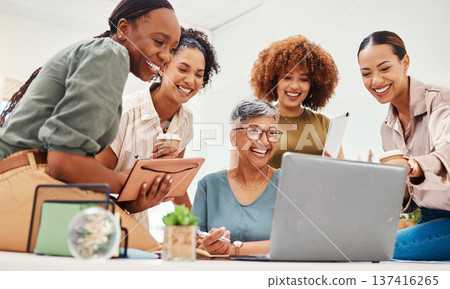 Business women, meeting and laptop for planning, design teamwork and brainstorming in notebook of website ideas. Group of people in collaboration and writing goals, branding and marketing on computer Business women, meeting and laptop for planning, design teamwork and brainstorming in notebook of website ideas. Group of people in collaboration and writing goals, branding and marketing on computer 137416265