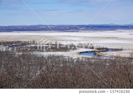 Panorama of the Kushiro River meandering through the snowy winter fields and the Kushiro Marshlands. January 30, 2026. Kushiro City, Japan 137416280