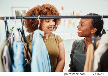 Shopping, customer and employee with fashion, retail and discussion with clothes, service and discount deal. Women, people or client with shop assistant, smile or product with luxury, choice or sales 137416296