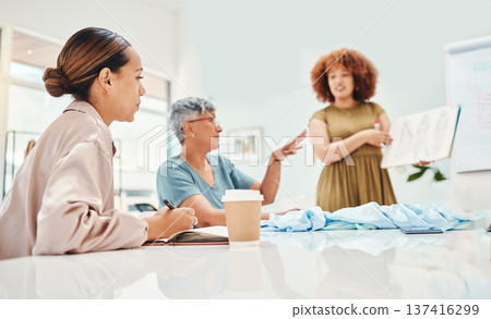Creative woman, fashion and drawing in planning, presentation or meeting for ideas at office. Female person or manager with sketch in team discussion, retail startup or clothing project at workplace 137416299