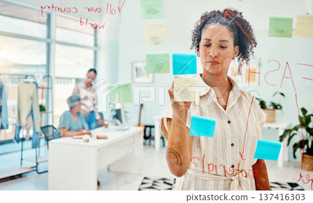 Creative woman, fashion designer and writing in schedule planning, strategy or idea on glass board at the office. Female person in retail startup, project plan or brainstorming tasks at the workplace Creative woman, fashion designer and writing in schedule planning, strategy or idea on glass board at the office. Female person in retail startup, project plan or brainstorming tasks at the workplace 137416303