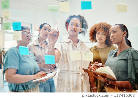 Creative women, writing and meeting in schedule planning, team brainstorming or idea strategy on glass board at office. Group of employees in startup project plan, agenda or tasks at the workplace 137416308