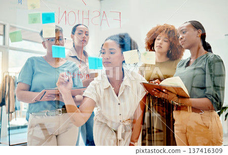 Creative women, writing and meeting in planning, brainstorming or team strategy on glass board at the office. Group of employees in startup project plan, agenda or schedule tasks at the workplace 137416309